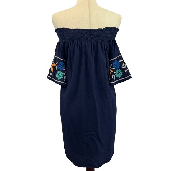 Like New SIGNATURE8 Navy Blue Embroidered Off-The-Shoulder Mini Dress Sz… - Picture 2 of 10